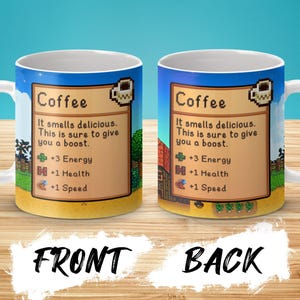 Taza de café de Stardew Valley, juego de Stardew Valley, regalo de taza de café de Stardew Valley, taza de Stardew Valley, estadísticas de café, taza de videojuego, taza de jugador imagen 2