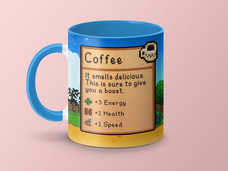 Taza de café de Stardew Valley, juego de Stardew Valley, regalo de taza de café de Stardew Valley, taza de Stardew Valley, estadísticas de café, taza de videojuego, taza de jugador imagen 1