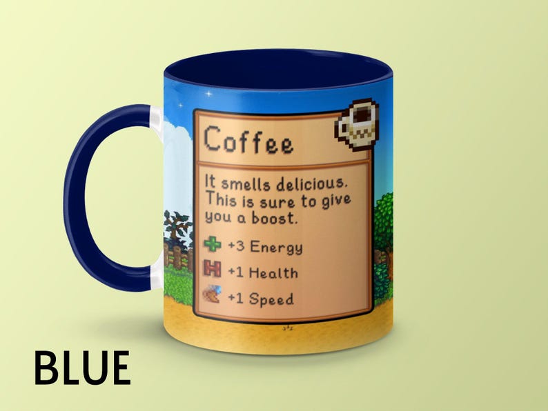 Taza de café de Stardew Valley, juego de Stardew Valley, regalo de taza de café de Stardew Valley, taza de Stardew Valley, estadísticas de café, taza de videojuego, taza de jugador imagen 8