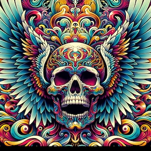 Póster de papel de calavera psicodélica con alas (acabado mate) - 10x10" a 18"x18"