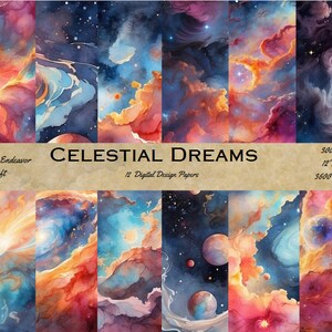 Celestial Watercolor Dreams - Digital Download Collection of 12 Mesmerizing Space Patterns for Art Enthusiasts