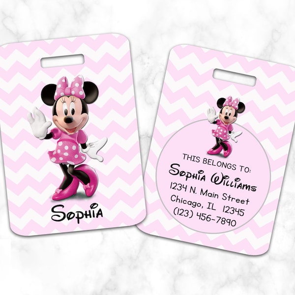 Minnie Mouse Luggage Tag, Bag Tag, Pink Cheveron, Personalized