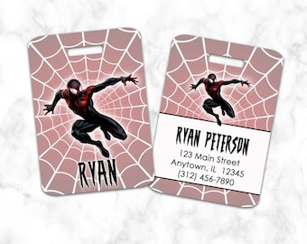 Etiqueta de equipaje de Spiderman, etiqueta de bolsa, personalizada
