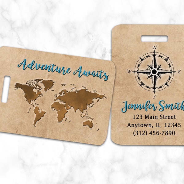 Adventure Awaits Luggage Tag, Bag Tag, World Map, Personalized