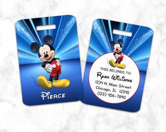 Mickey Mouse-bagagelabel, bagagelabel, blauw met sterren, gepersonaliseerd