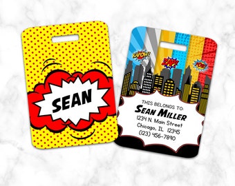 Etiqueta de equipaje de superhéroe, etiqueta de bolsa, personalizada, amarilla