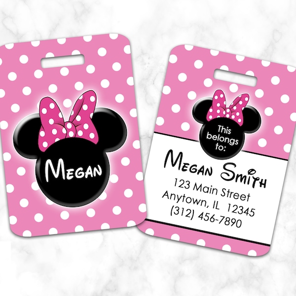 Minnie Mouse Luggage Tag, Bag Tag, Pink With Polka Dots, Personalized