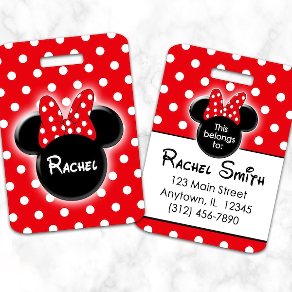 Minnie Mouse Luggage Tag, Bag Tag, Red With Polka Dots, Personalized