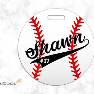 Baseball Taschenanhänger, runder Gepäckanhänger, personalisiert mit Name und Trikotnummer