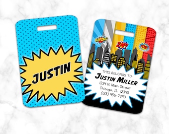 Etiqueta de equipaje de superhéroe, etiqueta de bolsa, personalizada, azul