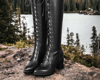 Women's Leather Laced And Zip Knee High Black Witch Boots 3 inchHeel Platform Knee Booties Perfect Gift For Her.