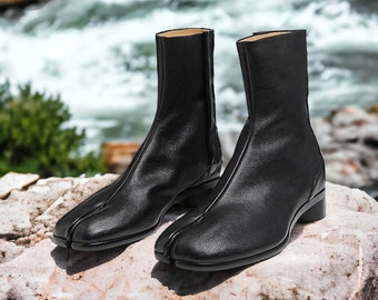 Damen-Lederstiefel „Tabi“ mit geteilter Zehenpartie, Reißverschluss und 3 cm Absatz, Plateau-Stiefeletten im japanischen Stil, Geschenk für Sie, die ganze Saison über