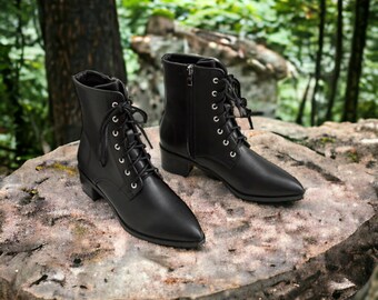 Furry Handmade Victorian Classic Black Lace up Witchy Wicca Goth Cosplay Boots, Witch Shoes For Costumes and Gifts.