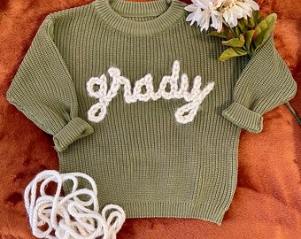 Personalized Child Knit Sweater, Hand Embroidered Sweater, Baby and Toddler Knitted Sweater, Baby Shower Gift