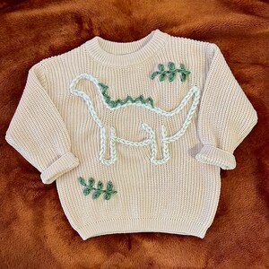 Child Dinosaur Knit Sweater, Hand Embroidered Sweater, Baby and Toddler Knitted Sweater, Baby Shower Gift