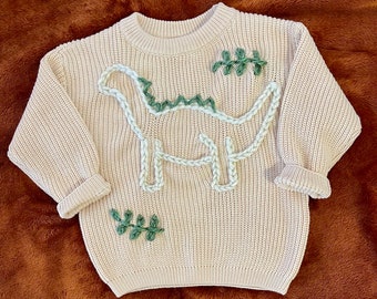 Child Dinosaur Knit Sweater, Hand Embroidered Sweater, Baby and Toddler Knitted Sweater, Baby Shower Gift