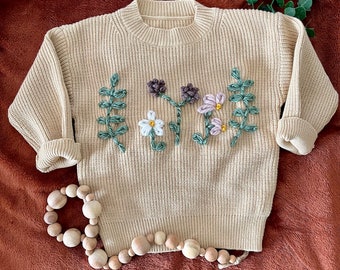 Child Flower Garden Knit Sweater, Hand Embroidered Sweater, Baby and Toddler Knitted Sweater, Baby Shower Gift