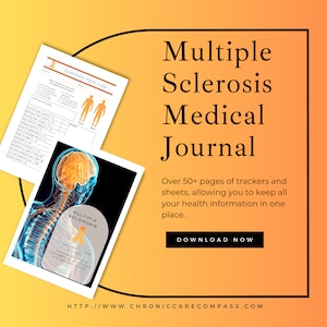 Pode incluir: Um download digital para um diário médico de esclerose múltipla. A capa apresenta um cérebro com uma fita amarela e o texto "Esclerose múltipla". Também está incluído o texto "Mais de 50 páginas de rastreadores e folhas, permitindo que você mantenha todas as suas informações de saúde em um só lugar". O texto "Baixar agora" está na parte inferior da imagem.