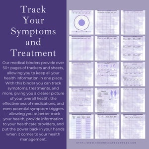 May include: A purple medical binder with multiple pages for tracking symptoms and treatments. The binder includes charts, graphs, and forms for recording health information. Text on the cover reads "Track Your Symptoms and Treatment."