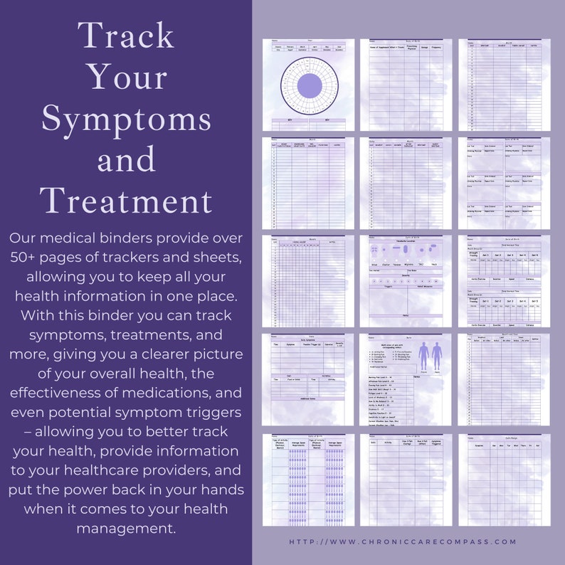 May include: A purple medical binder with multiple pages for tracking symptoms and treatments. The binder includes charts, graphs, and forms for recording health information. Text on the cover reads "Track Your Symptoms and Treatment."