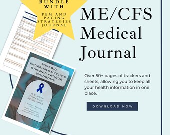 May include: A yellow star graphic with the text "Bundle with PEM and Pacing Strategies Journal" on a light blue background. The text "ME/CFS Medical Journal" is in a black box. The text "Over 50+ pages of trackers and sheets, allowing you to keep all your health information in one place." is below the black box. The text "Download Now" is in a black rectangle. The text "HTTP://WWW.CHRONICCARECOMPASS.COM" is at the bottom of the image.