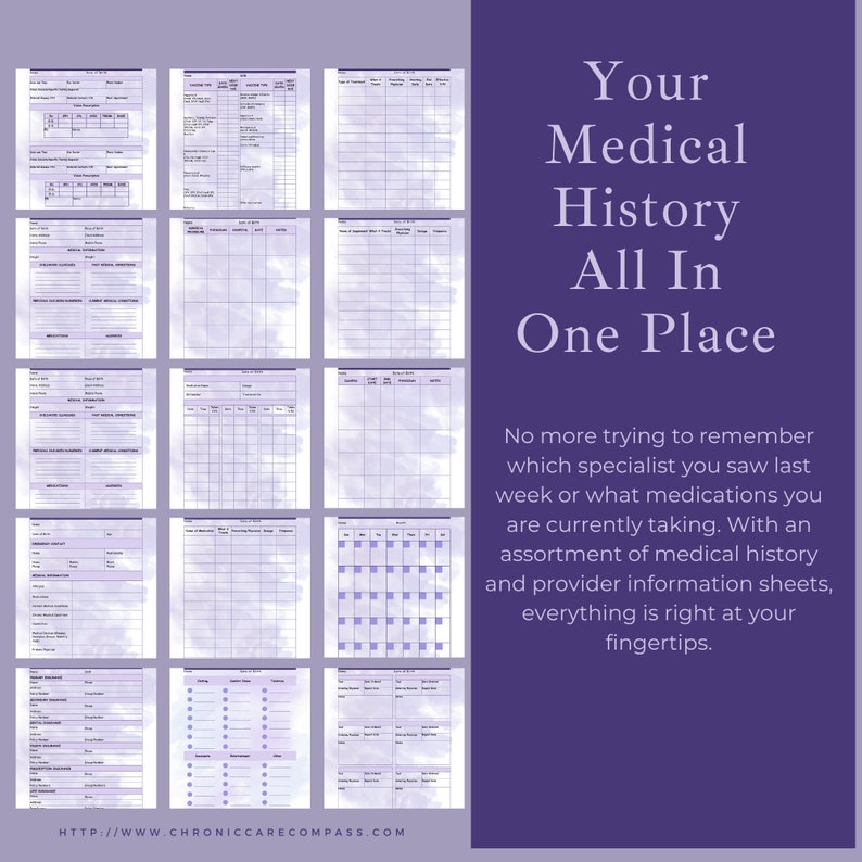 May include: A collection of medical history sheets with a purple and white watercolor background. The text "Your Medical History All In One Place" is displayed in white. The website address is at the bottom.