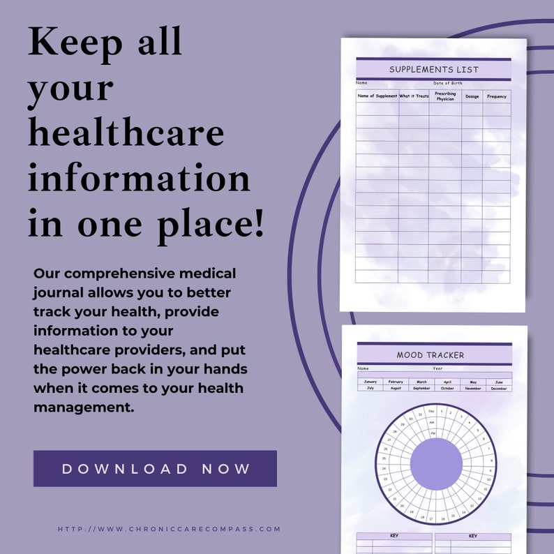 May include: A digital medical journal with a purple and white watercolor design. The journal includes a supplements list and a mood tracker. Text on the image reads "Keep all your healthcare information in one place!" and "Download Now."