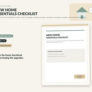 Op de afbeelding: Een New Home Essentials Checklist document met 20 pagina's en een omslag. De tekst bevat 'NEW HOME ESSENTIALS CHECKLIST', '20 checklist pages + cover', 'US Letter + A4', 'Instant digital download' en 'Make the home functional before buying the upgrades.'
