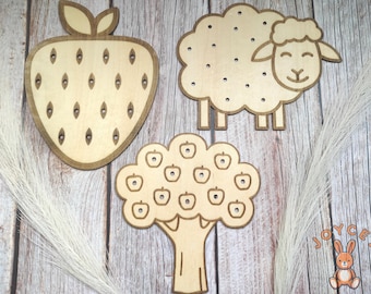 Playful wooden plates, Montessori-style fine motor activities, Lacing toy, Flower picking board, Drawings with holes