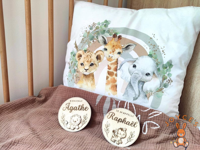 Carte annonce de naissance prénom bébé en bois personnalisée, plaque bienvenue bébé, carte je m'appelle, plaque naissance animaux mignons image 9