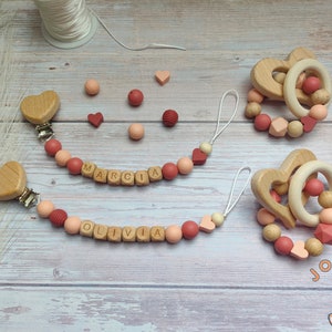 Personalized pacifier clip + Heart rattle, Birth gift
