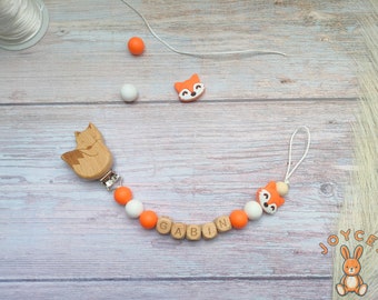 Personalized pacifier clip orange fox, Silicone and wood, Personalized pacifier clip (Clip of your choice), Birth gift