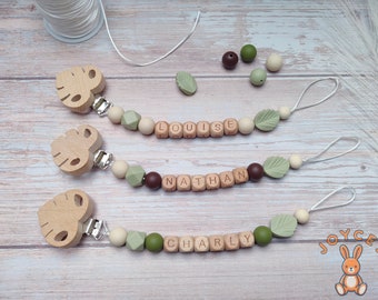 Personalized pacifier clip leaf green, Silicone and wood, Personalized pacifier clip (Clip of your choice), Birth gift