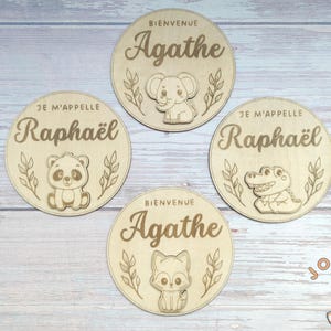 Carte annonce de naissance prénom bébé en bois personnalisée, plaque bienvenue bébé, carte je m'appelle, plaque naissance animaux mignons image 6