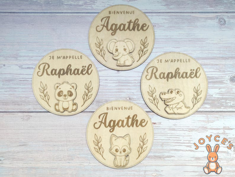 Carte annonce de naissance prénom bébé en bois personnalisée, plaque bienvenue bébé, carte je m'appelle, plaque naissance animaux mignons image 6