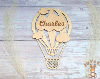 Montgolfière en bois avec prénom, décoration personnalisée pour porte ou chambre d'enfant, décoration à accrocher, Cadeau Naissance, bébé