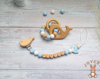 Personalized pacifier clip Blue whale, marine theme, Silicone and wood, Pacifier clip Rattle, Birth gift idea, Baby shower, sea