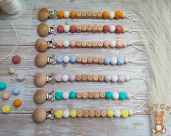 Personalized pacifier clip (7 colors + 10 clips + First name), Silicone and wood, Personalized pacifier clip, Birth gift