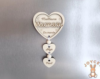 Magnet Maman personnalisé en bois – Cadeau fête des mères – Cœur prénom enfants – Décoration aimantée