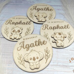 Carte annonce de naissance prénom bébé en bois personnalisée, plaque bienvenue bébé, carte je m'appelle, plaque naissance animaux mignons image 3