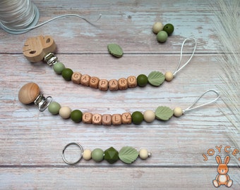 Personalized leaf green pacifier clip, key ring, 10 clips of your choice and first name, silicone and wood, birth gift