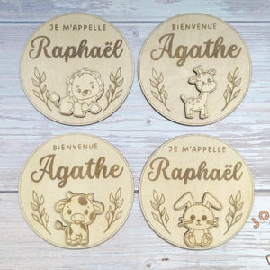 Carte annonce de naissance prénom bébé en bois personnalisée, plaque bienvenue bébé, carte je m'appelle, plaque naissance animaux mignons image 8