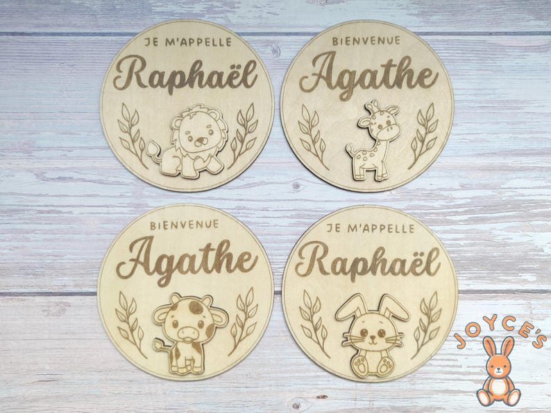 Carte annonce de naissance prénom bébé en bois personnalisée, plaque bienvenue bébé, carte je m'appelle, plaque naissance animaux mignons image 8