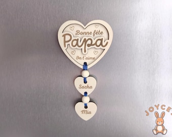 Magnet Papa personnalisé en bois – Cadeau fête des pères – Cœur prénom enfants – Aimant frigo personnalisé - gravure laser artisanale