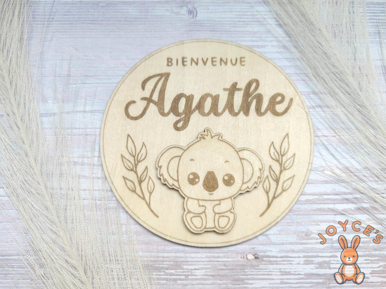 Carte annonce de naissance prénom bébé en bois personnalisée, plaque bienvenue bébé, carte je m'appelle, plaque naissance animaux mignons image 1