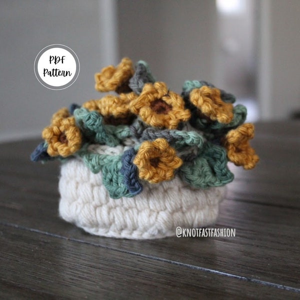 Sunflower Bouquet Coaster Set PDF Written Crochet Pattern, Two Sizes - Mug, Teacup | KnotFastFashion, mini basket, cute flower coaster