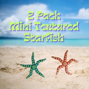 Pode incluir: Dois pacotes de estrelas do mar texturizadas mini. Uma estrela do mar é azul e verde, a outra é laranja e branca. As estrelas do mar estão em uma praia de areia.