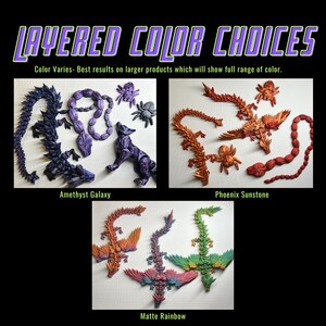 May include: Three origami dragons in different color schemes: amethyst galaxy, phoenix sunstone, and matte rainbow. The dragons are made of paper and have intricate details. "Layered Color Choices" is written at the top of the image. "Color Varies - Best results on larger products which will show full range of color." is written below the image.