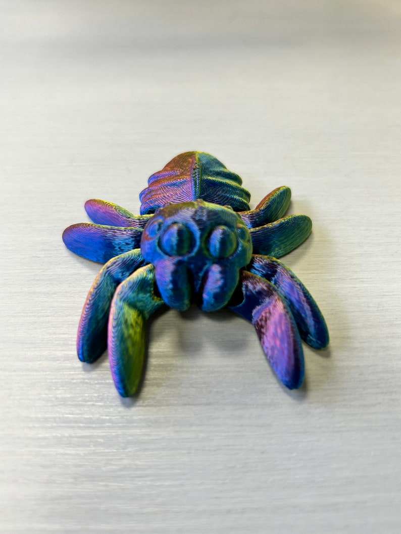 May include: A small, iridescent blue spider with yellow legs. The spider is made of plastic and has a textured surface.