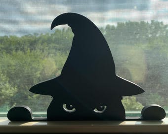 Black Cat with Witch Hat Halloween Decor / Window Sill Cat / Witchy Kitten